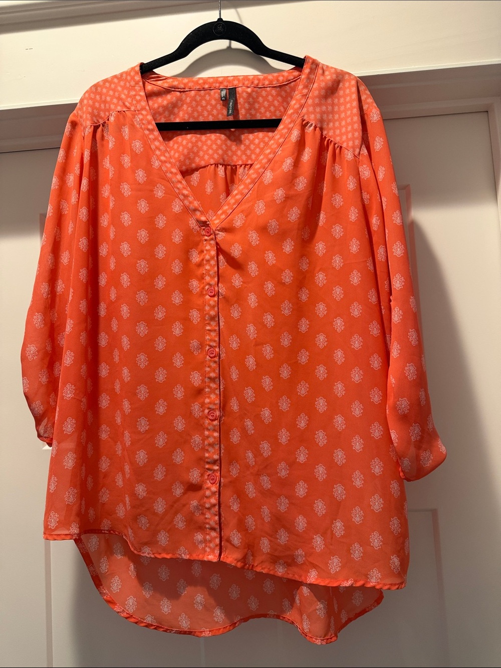 Maurices Coral Button-Front V-Neck Blouse with White Print
